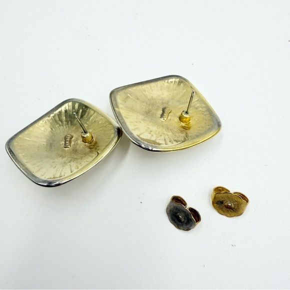 Vintage TAT Signed Statement Earrings Beige Off White Enamel Abstract Cabochon - Picture 3 of 6